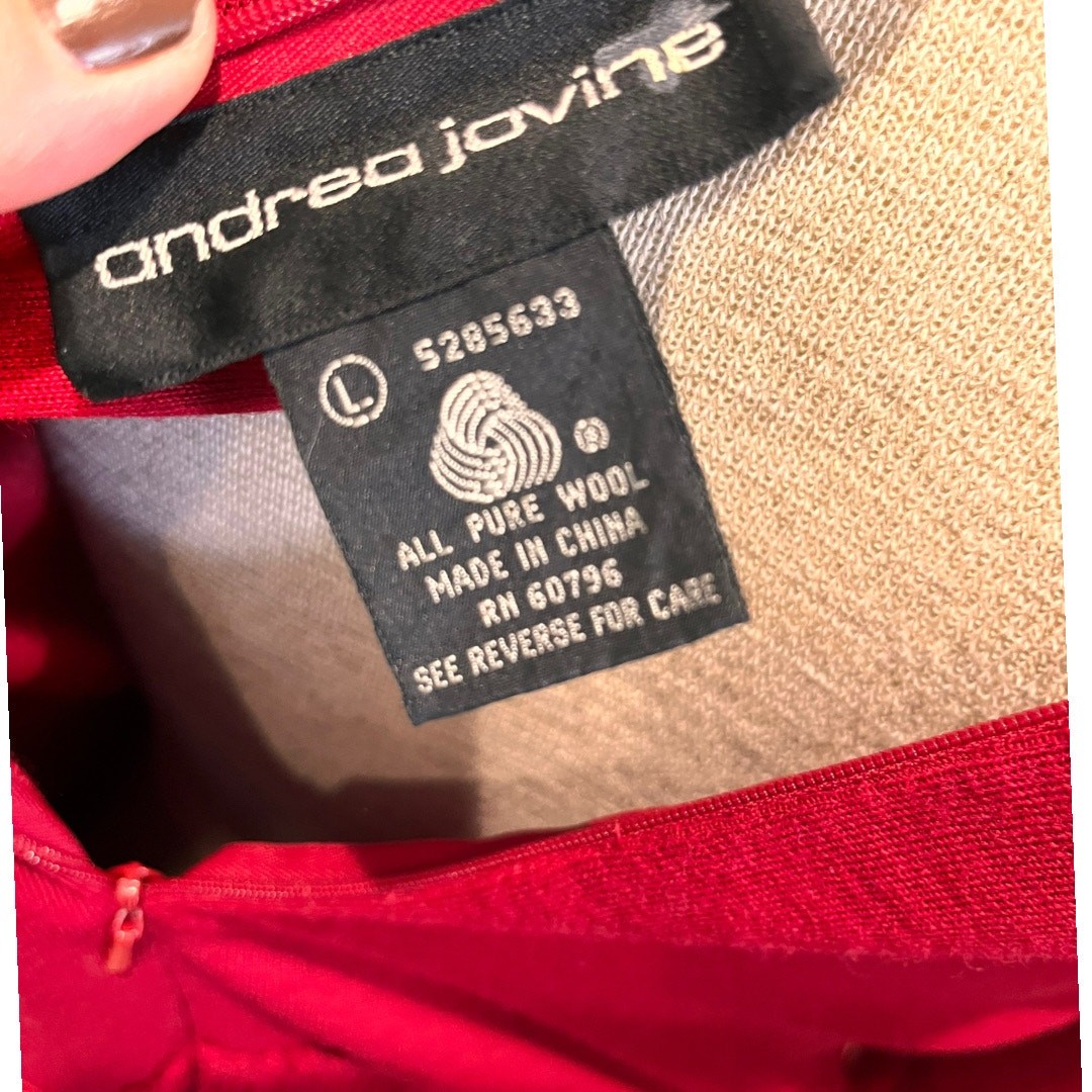 RARE Size L Vintage Andrea Jovine Wool Dress Short Fringed Dress Long Sleeve Red