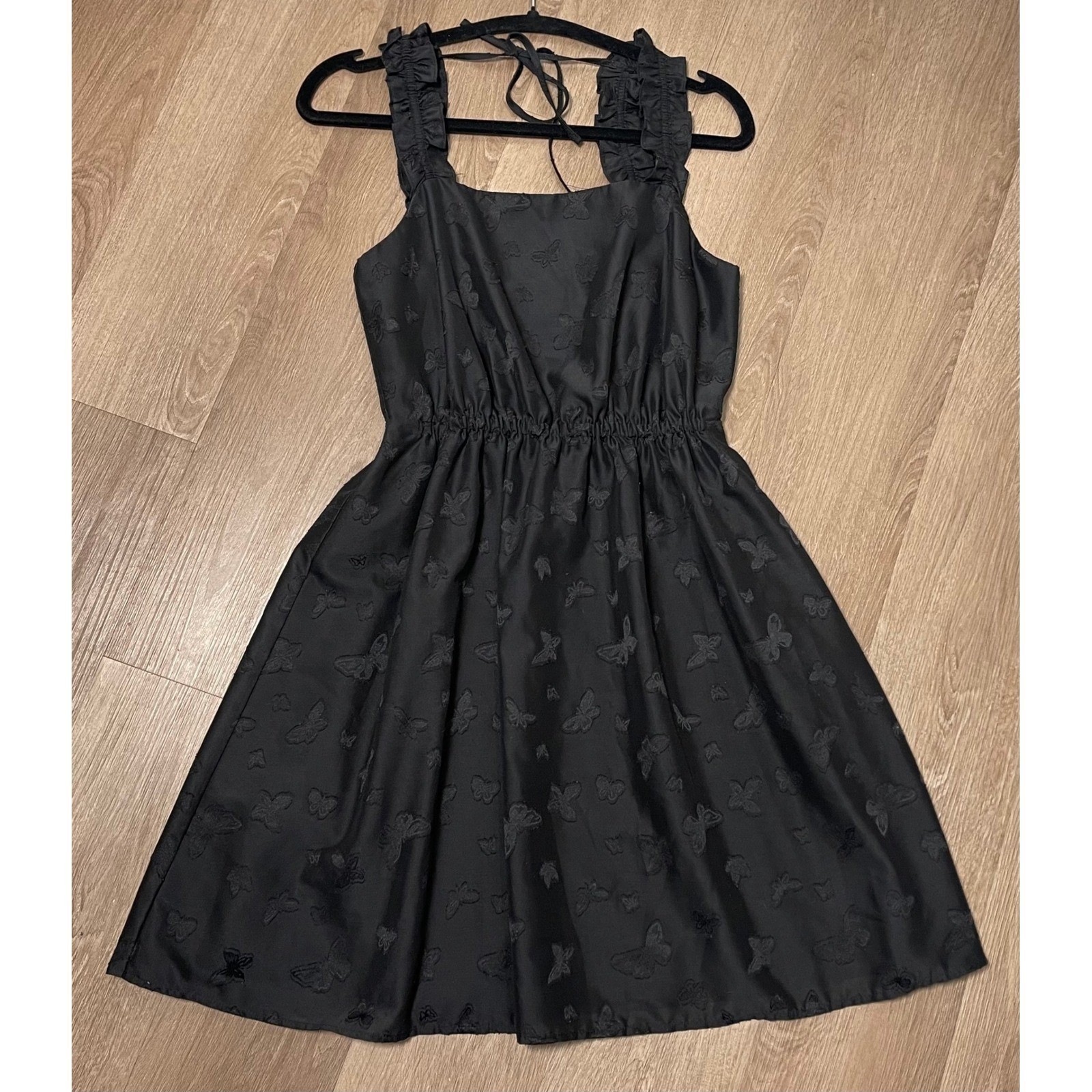 Madewell Black Ruffle Strap Tie-Back Mini Dress Size Small Fit & Flare Feminine