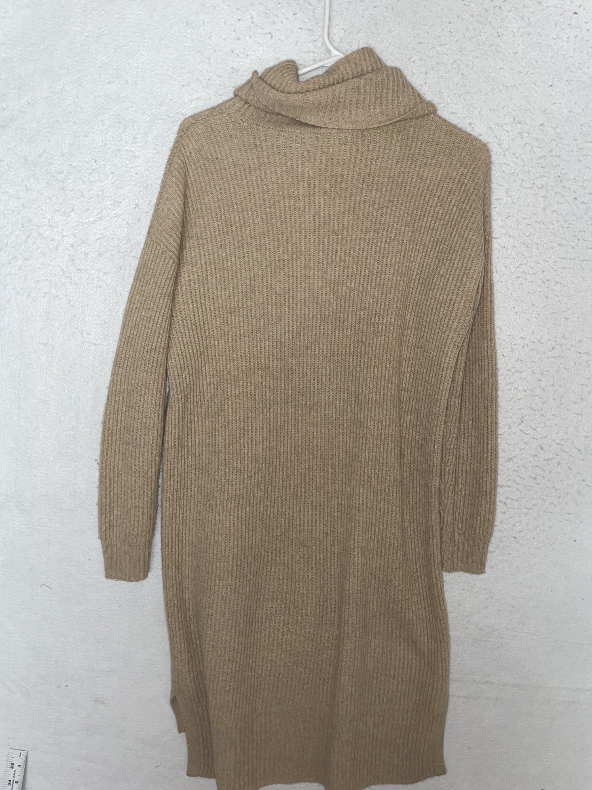 Madewell 100% Merino Wool Cowl Neck Tunic Tan Sweater Dress Size S Ribbed Knit