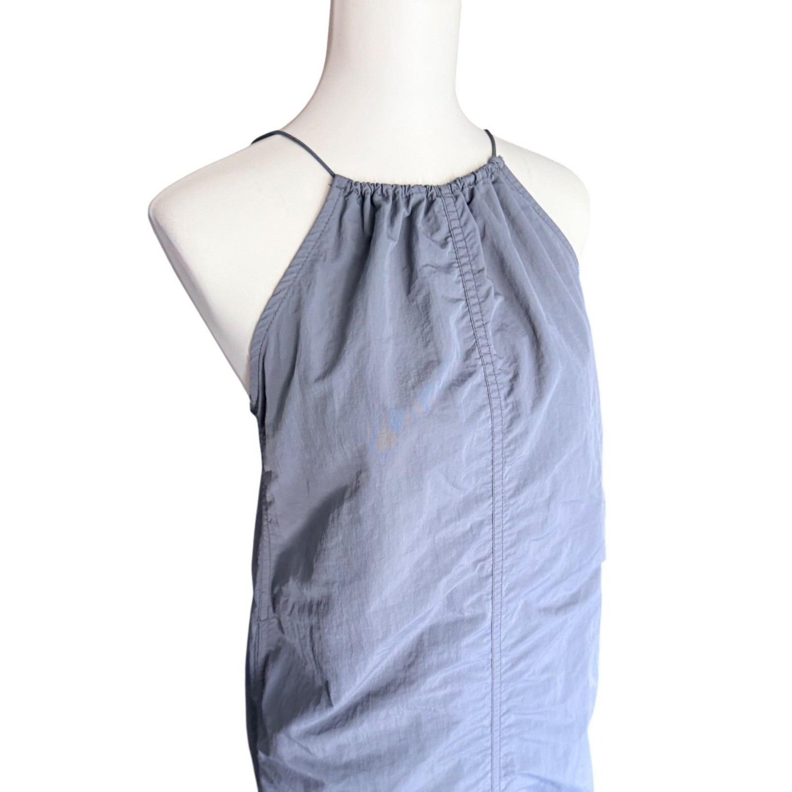 Zara Gray Blue Nylon Halter Midi Parachute Dress Toggle Back Womens Size Medium