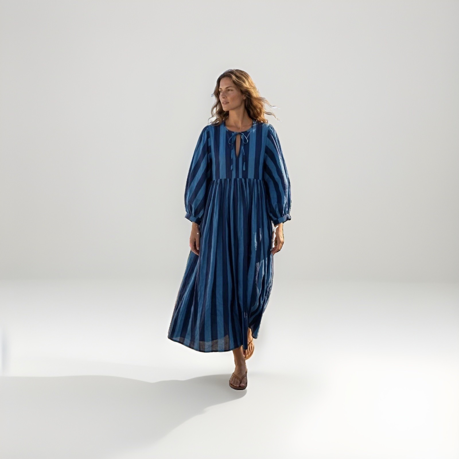 Handmade Blue Striped Cotton Maxi Dress, Boho Balloon Sleeve Dress, Good Great!!