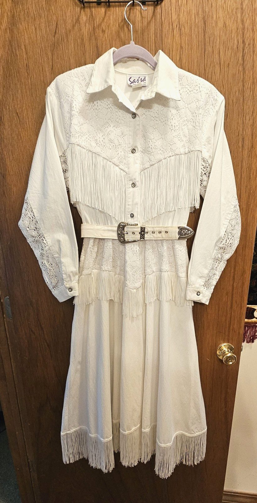 Vintage 80s Sassa White Western Fringe Wedding Dress Lace Cowgirl Nashville Sm