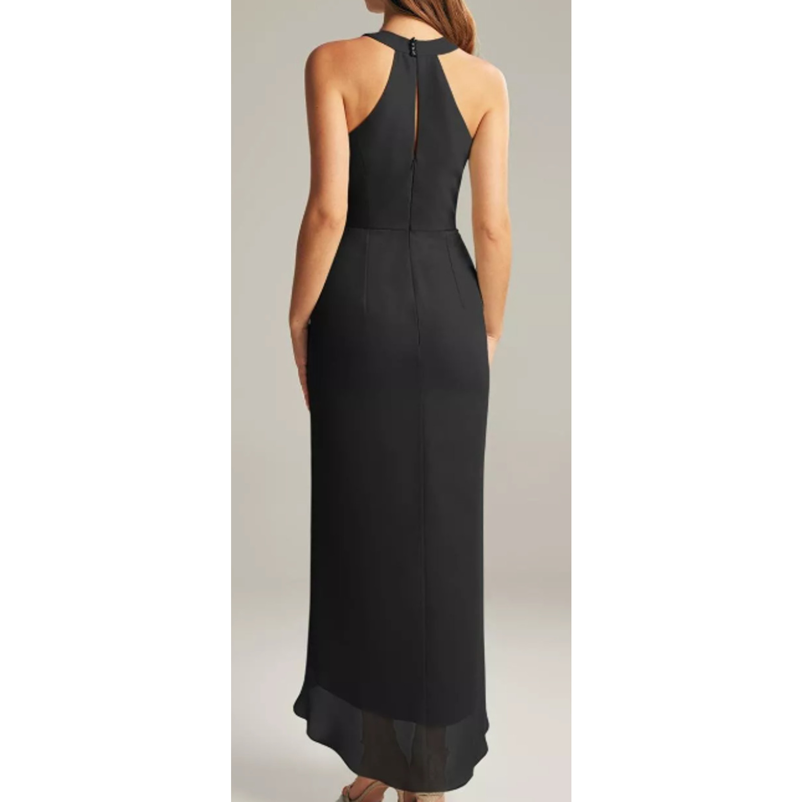 AW BRIDAL 6 S black chiffon Raja bridesmaid faux wrap tulip midi dress NEW B37