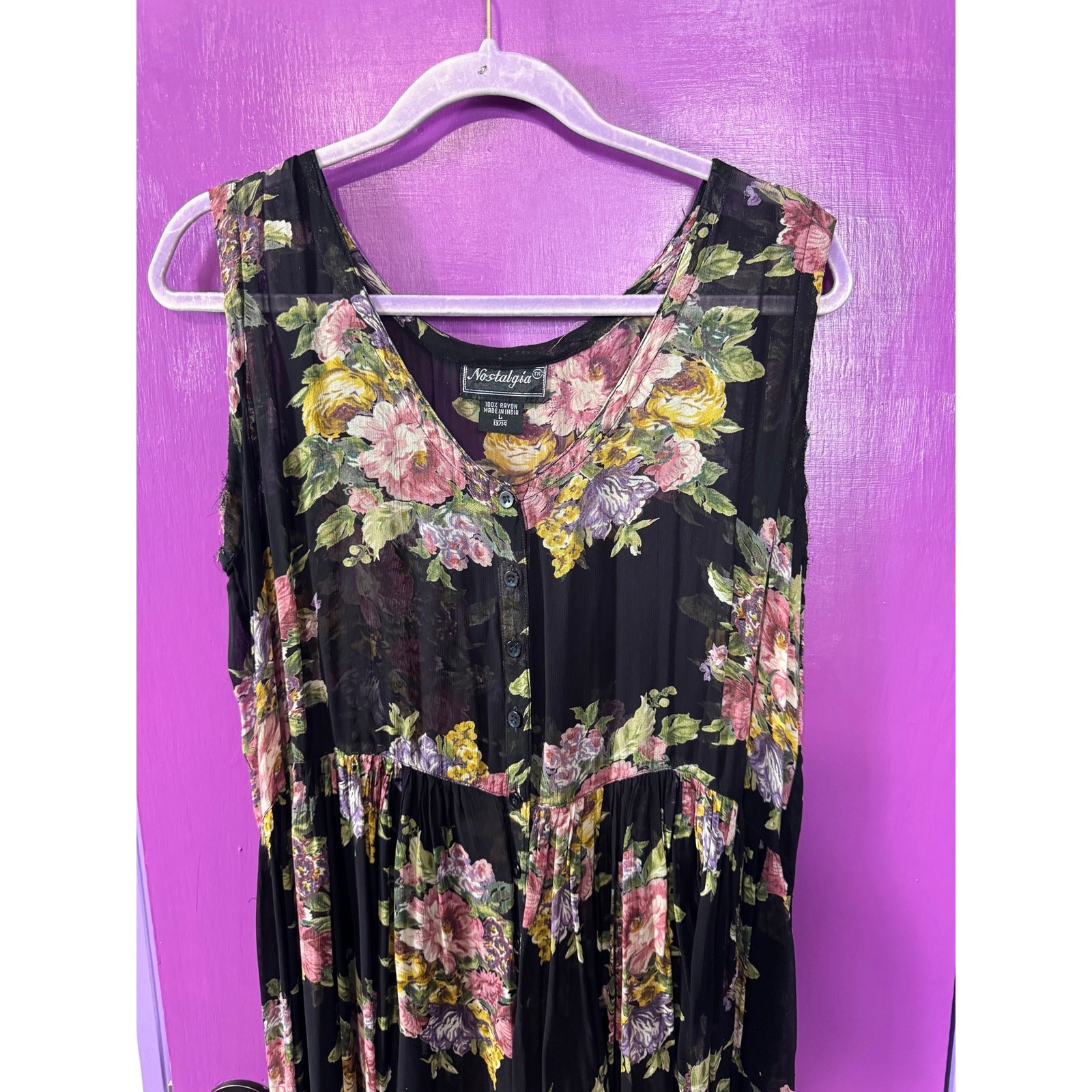 Nostalgia Black Floral Sheer Overlay Maxi Dress L 13/14 Boho Cottagecore vintage