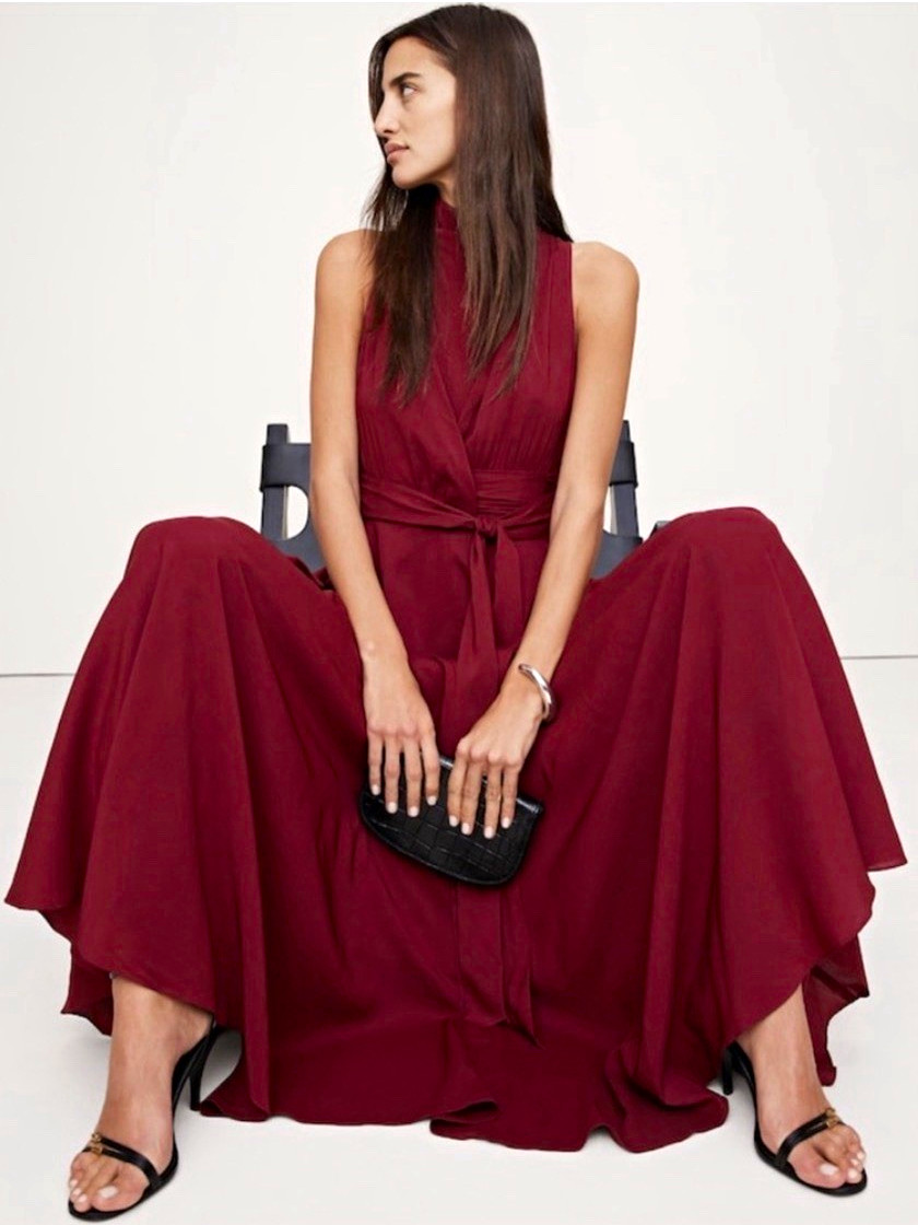 BR Womens Sleeveless Burgundy Long Ruched High Neck Solid Maxi Dress Zip Size 2