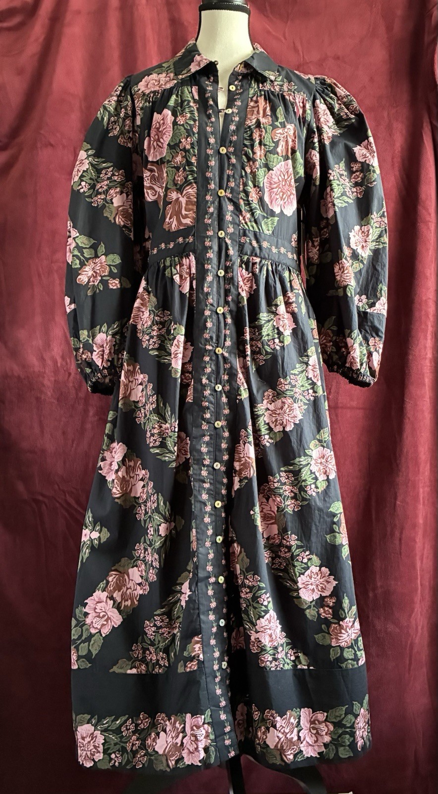 CLEOBELLA Gillian Midi Dress Balloon Long Sleeves Dress Button Front Floral Sz L