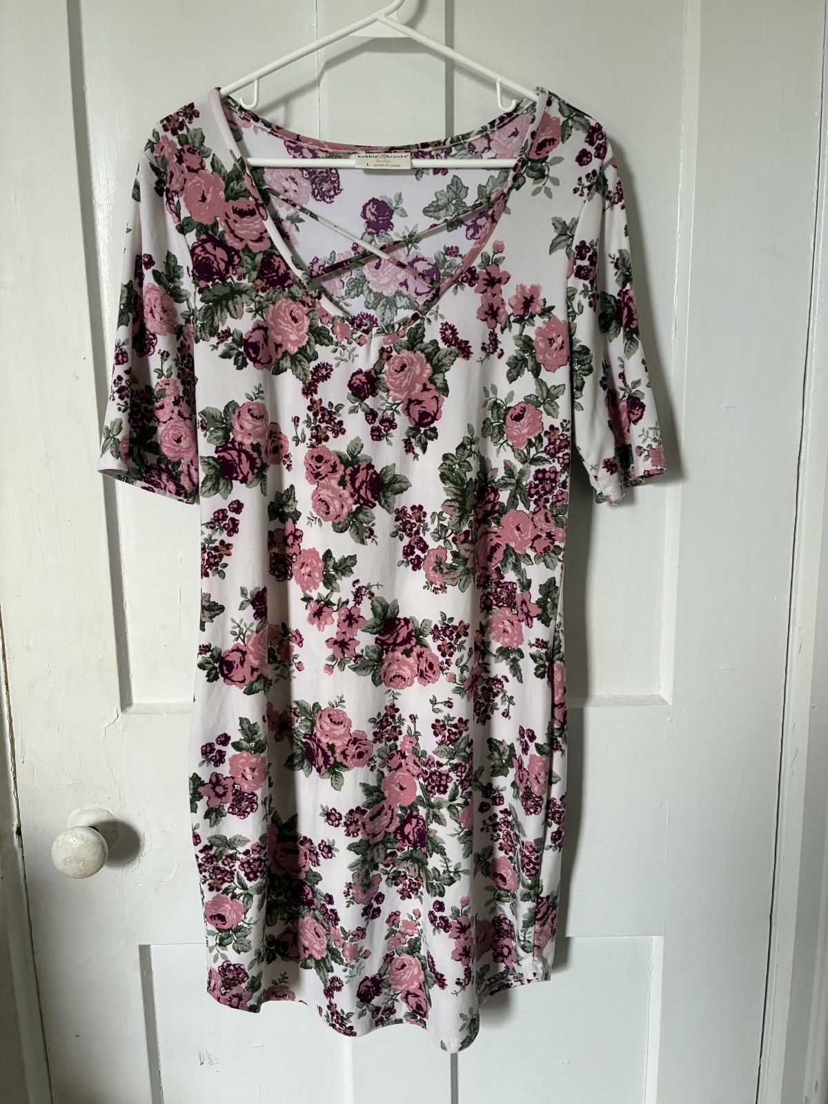 Bobbie Brooks Ladies’ Pink and Maroon Floral V-Neck Criss Cross Dress Size L