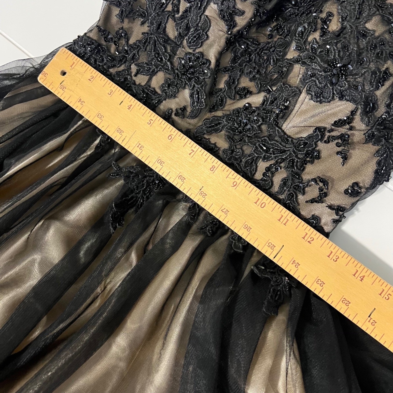Bicici & Coty Black Gold Beaded Lace Tulle Formal Gown Prom Dress CC71138 XS