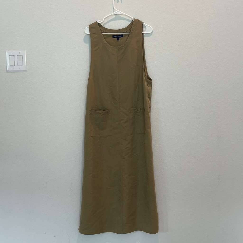 HSZ Studio Women’s Khaki Sleeveless Midi Dress with Side Buttons Pockets