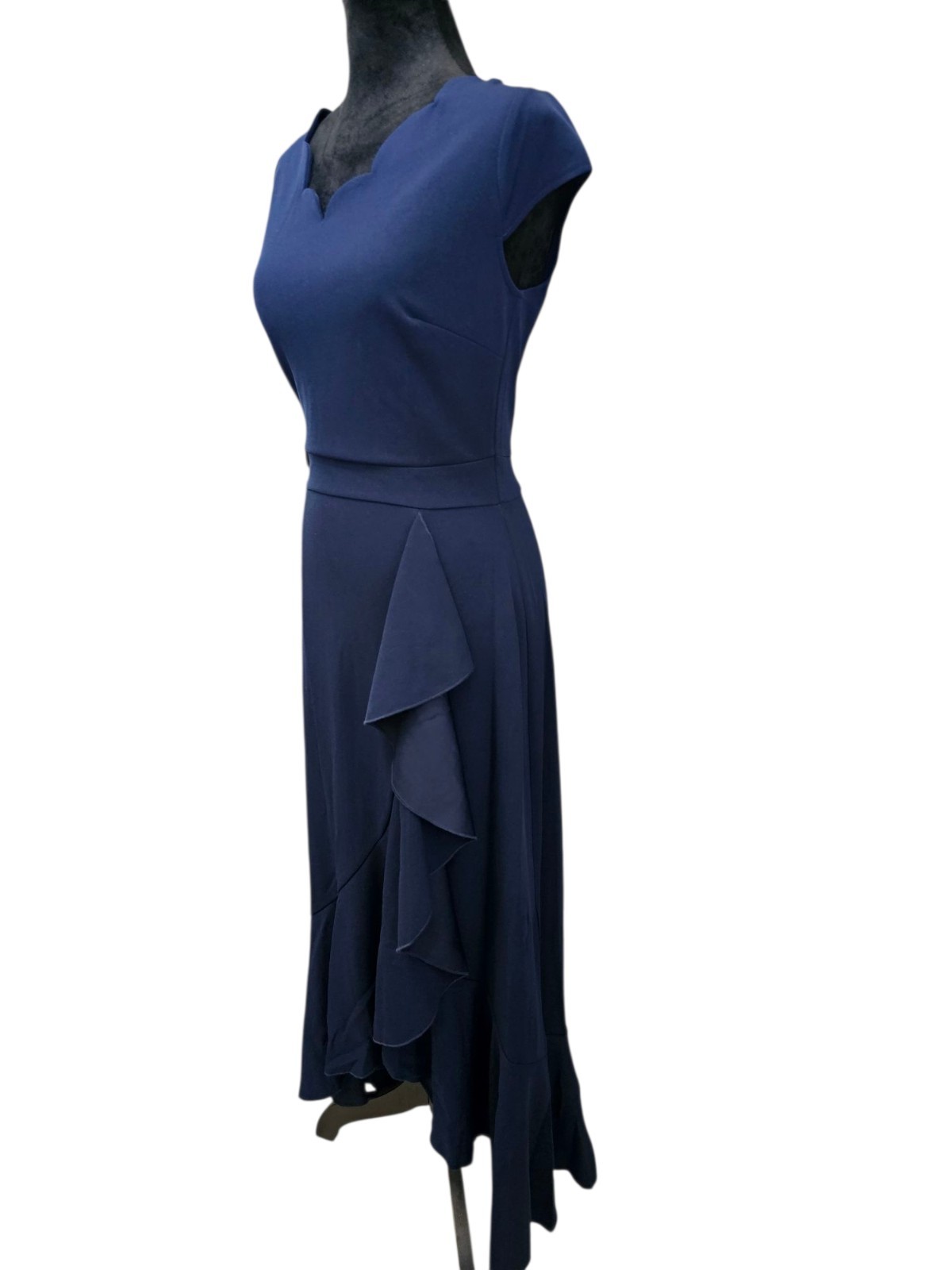 NWT Miusol Vintage Scalloped Neck Detail Ruffle Front Split Small Navy Blue