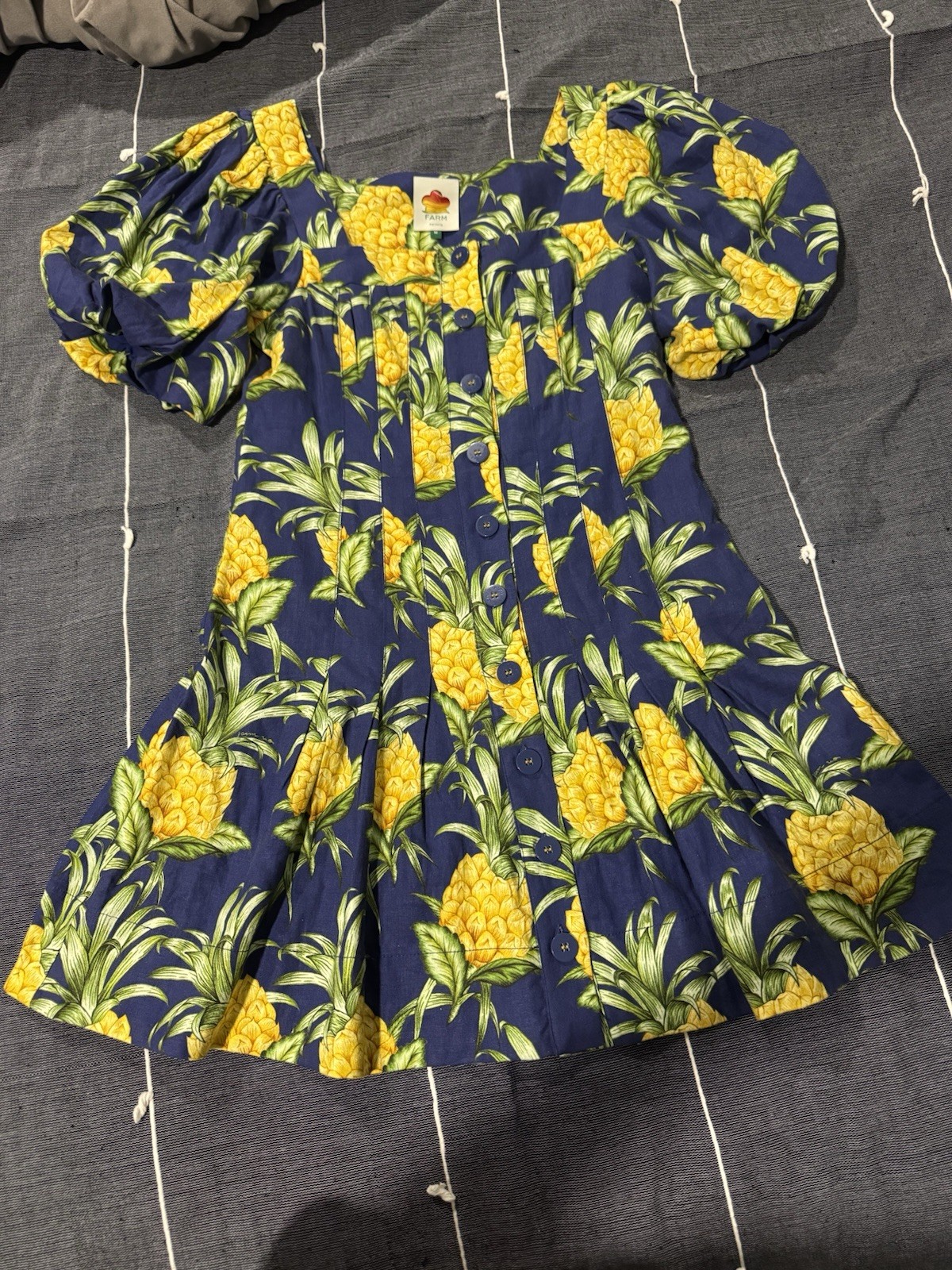 Farm Rio Womens M Blue Yellow Green Tropical Floral Square Neck Puff Mini Dress