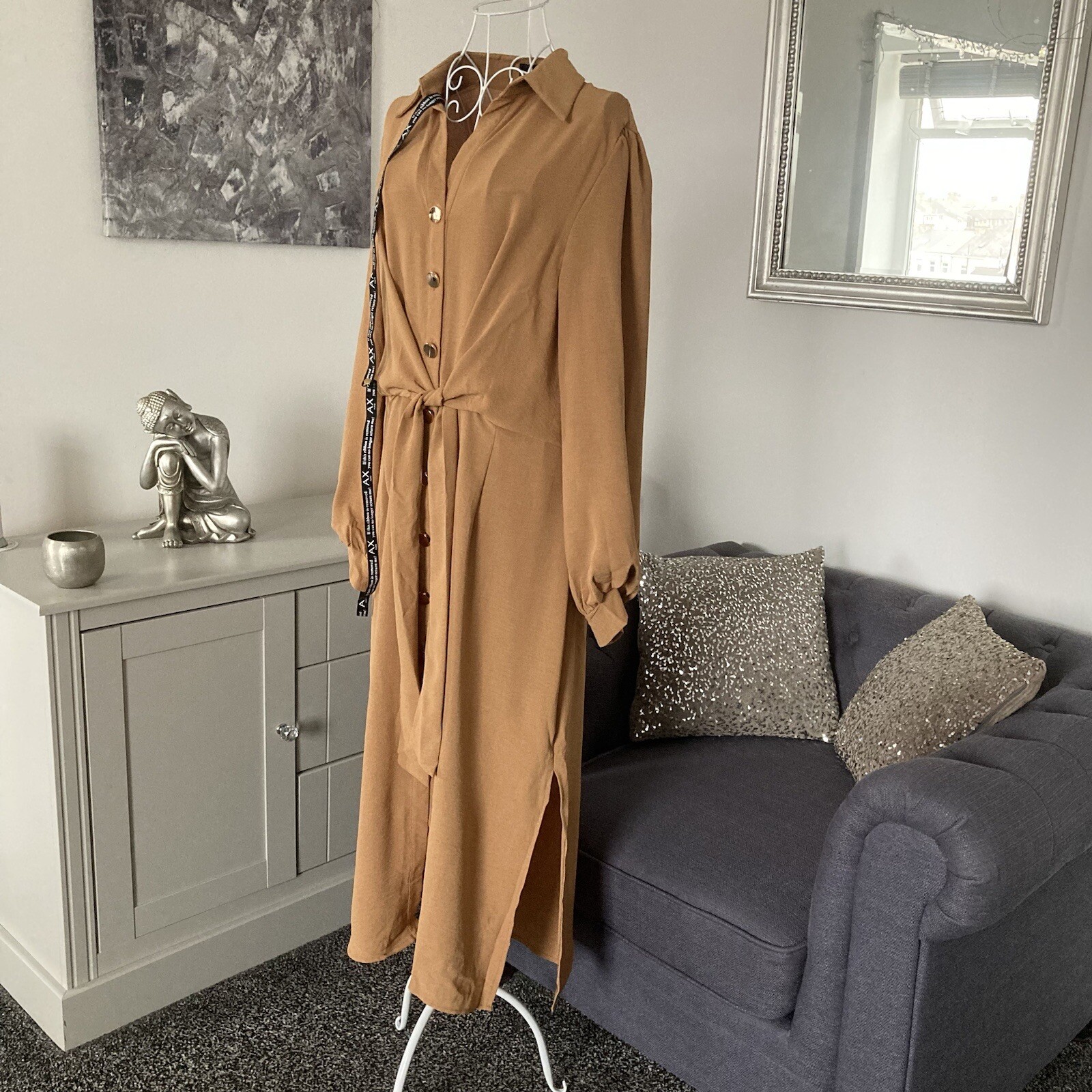 Camel Collared Long Sleeve Front Button Fastening Waist Tie Midi Shirt Dress 8