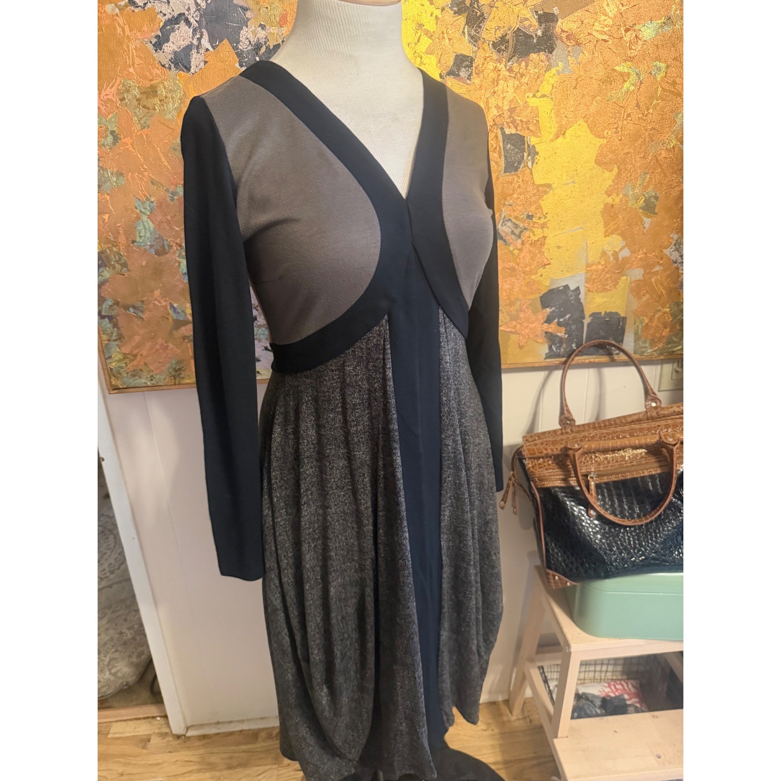 RARE Ronen Chen Israel Stretchy Earth Toned V-Neck Midi Dress Tulip Skirt L