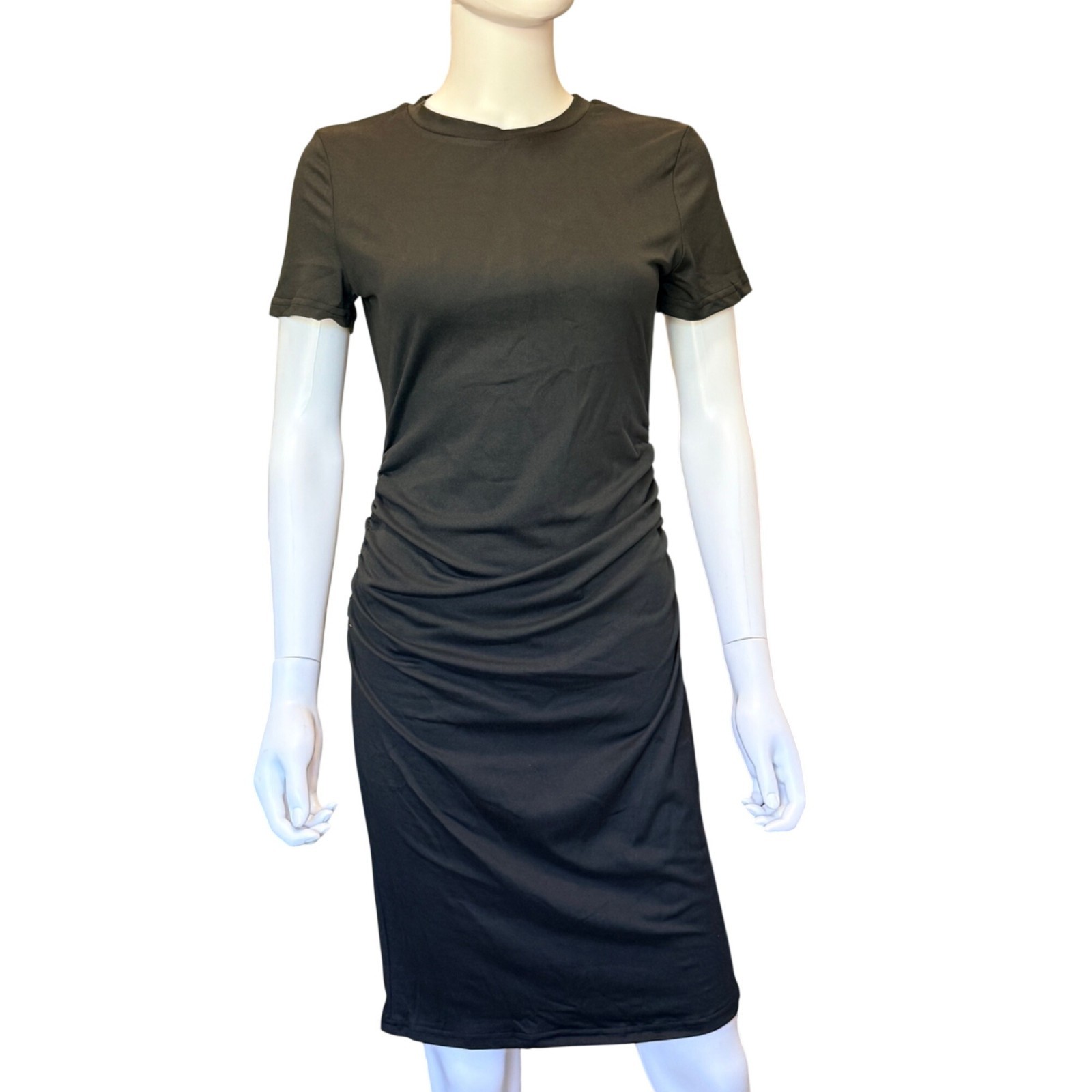 Black Short Sleeve Bodycon Dress Womens XXL Ruched Stretch Knee Length Polyester