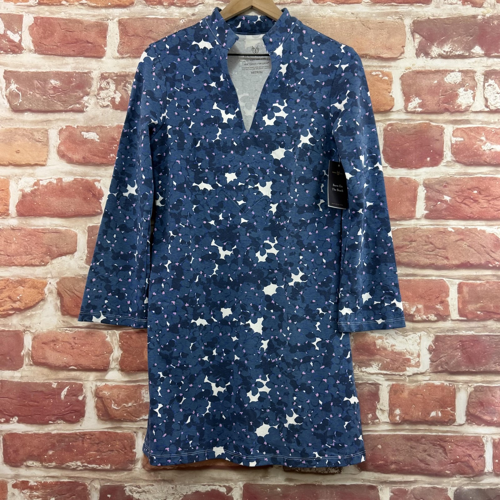 Mahi Gold Beach Blossom Tunic Dress Womens M Blue Floral Stretchy Casual Resort