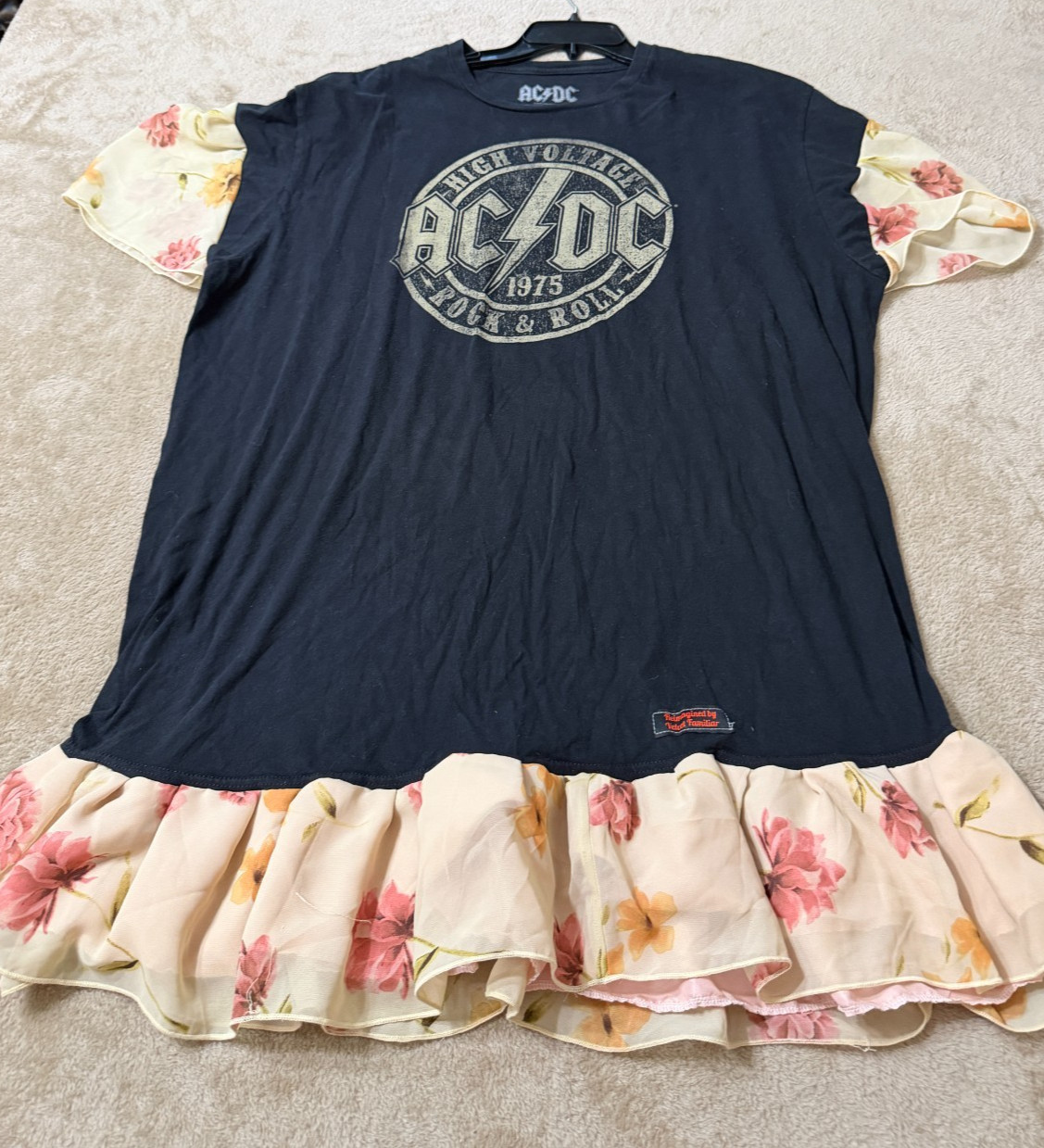 AC/DC Velvet Familiar Upcycled Rock Tee Ruffle Tunic Dress 2XL Boho Festival
