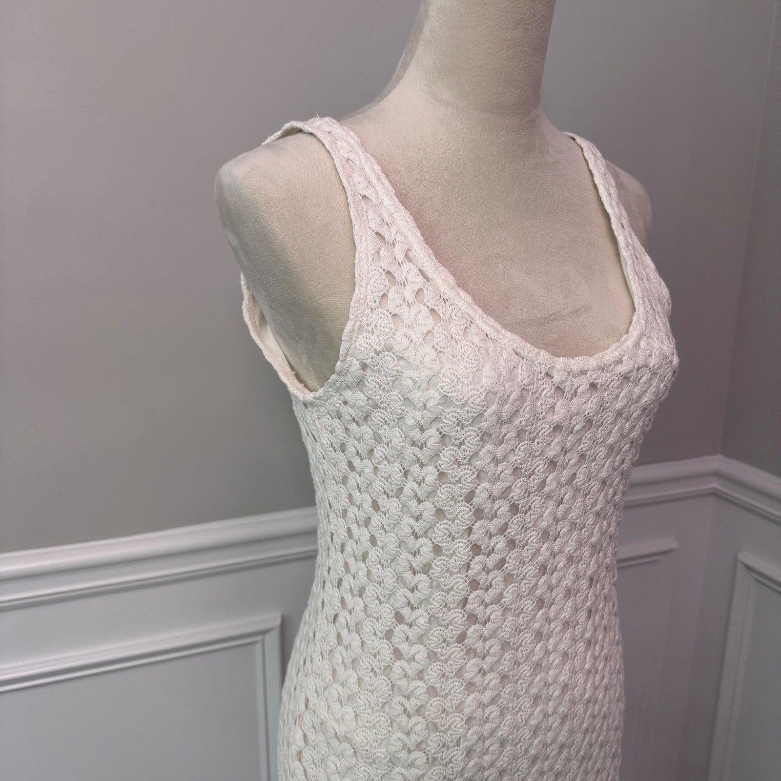 Y2K Cream Crochet Cottagecore Maxi Earthy Boho Sleeveless Scoop Neck L