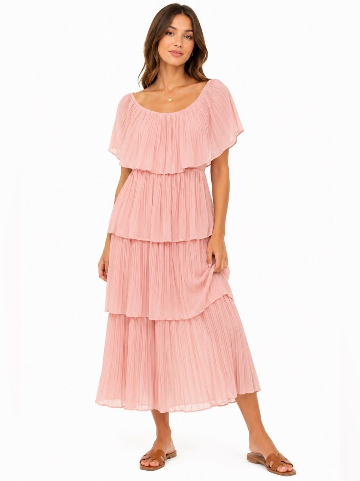 Just Me Blush Pink Pleated Off Shoulder Tiered Midi Dress XL NWOT