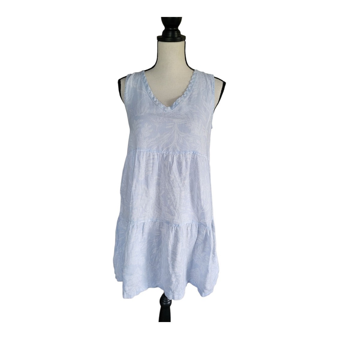 Tahari Tahari Lt Blue Linen Floral Print Sleeveless Tiered Mini Dress S