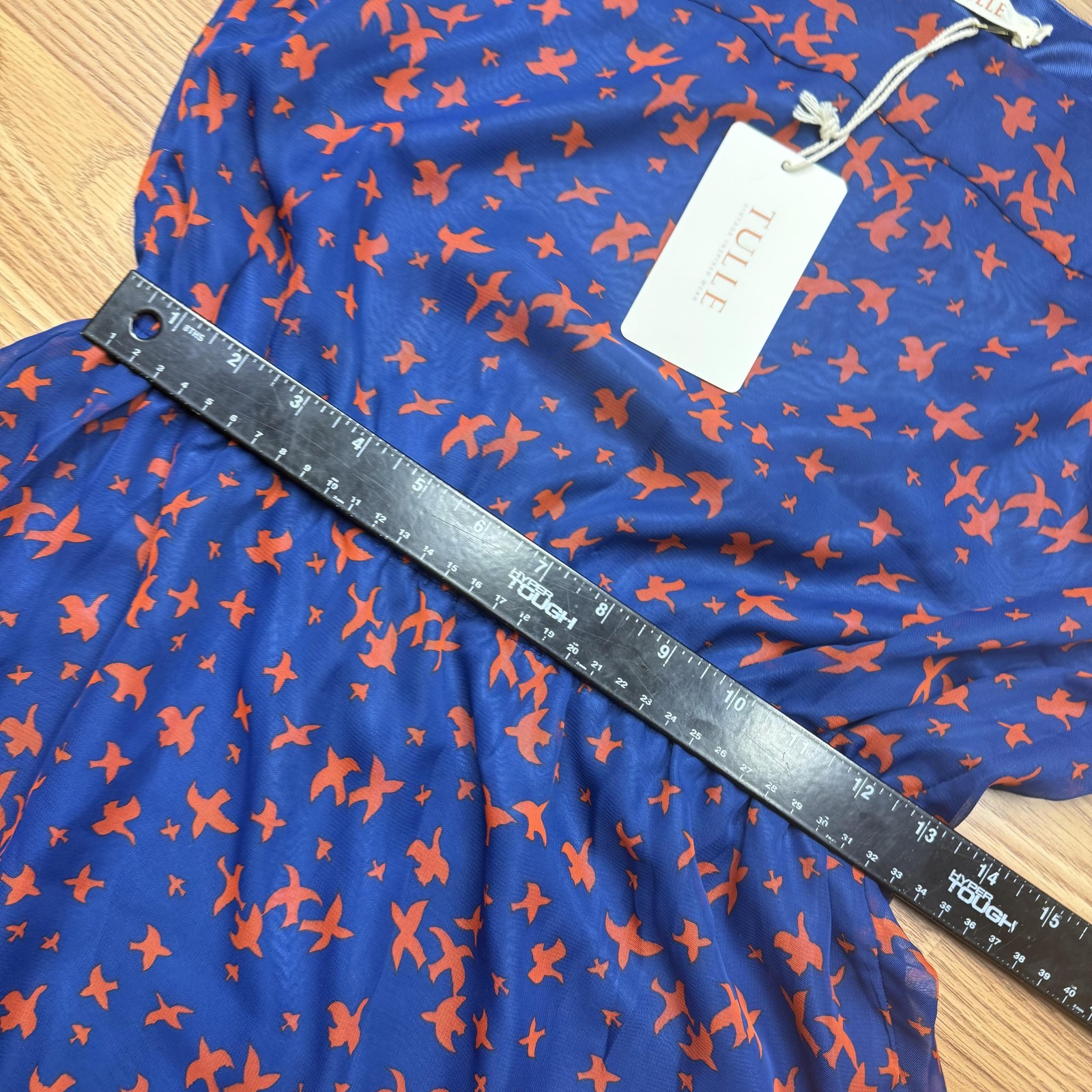 Tulle Dress Womens Small Navy Orange Bird Print Elastic Waist Lined Cap Sleeve