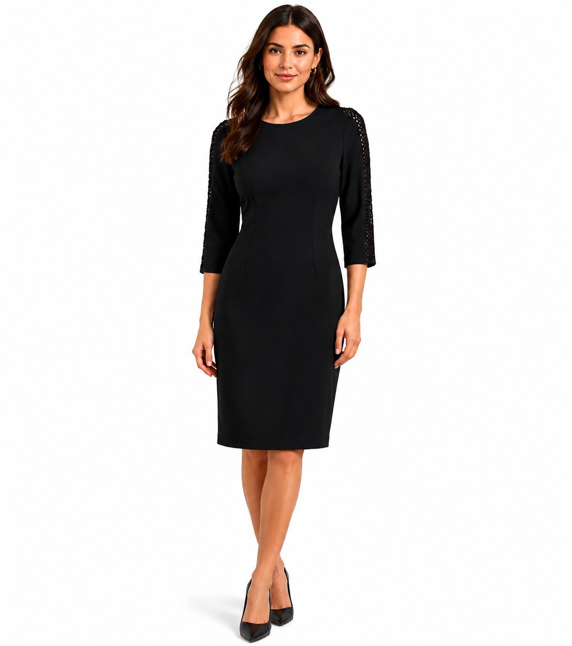 St. John Black Bodycon Thick Knit Cocktail Business Dress 3/4 Sleeves Size 8