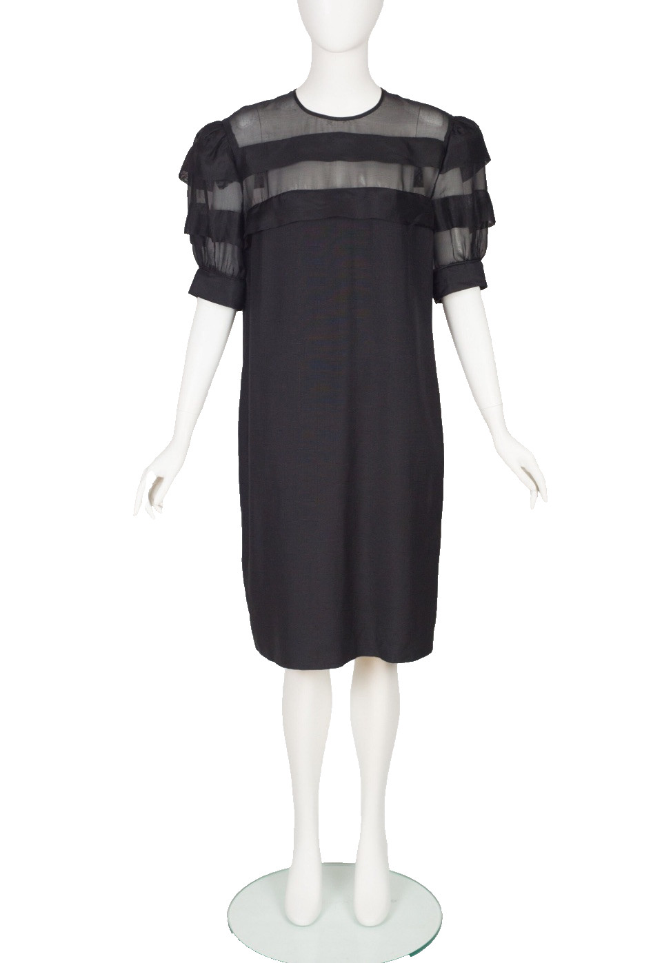Albert Nipon 80s Vintage Black Linen Silk Chiffon Puff Sleeve Dress Sz L? Formal