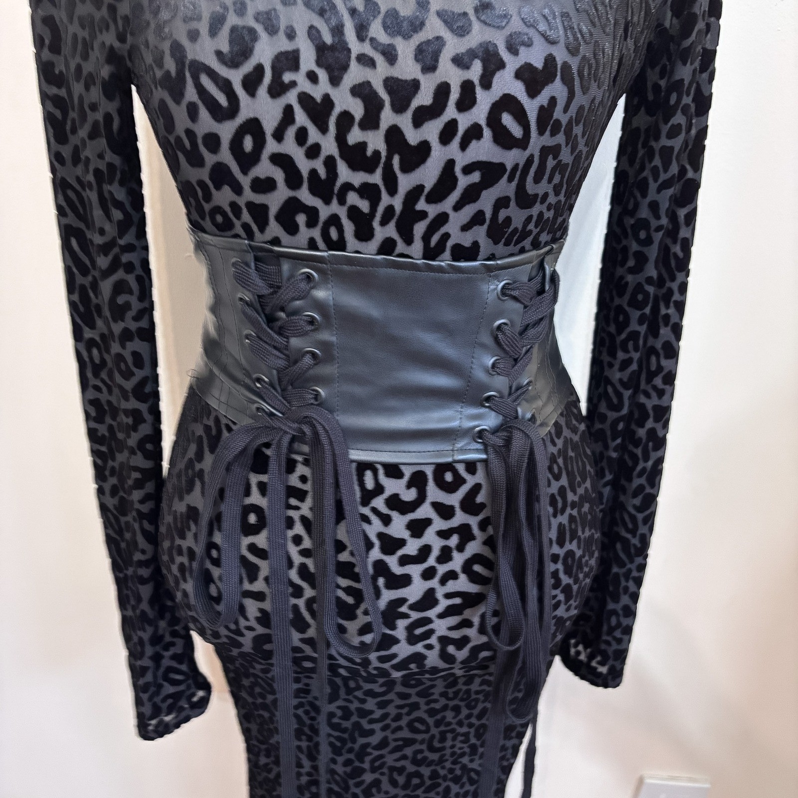 Capsulle Whimsigoth Leopard Corset Dress Medium Black Burnout Velvet Sheer Mesh