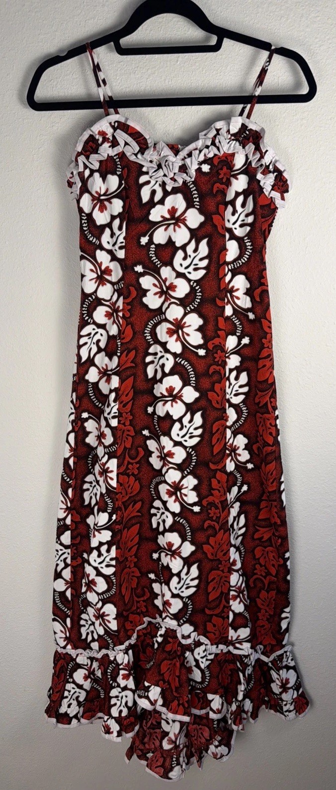 KY’s Hawaii Women’s Red Long Muumuu Dress XS Tropical Floral Ruffles NWT