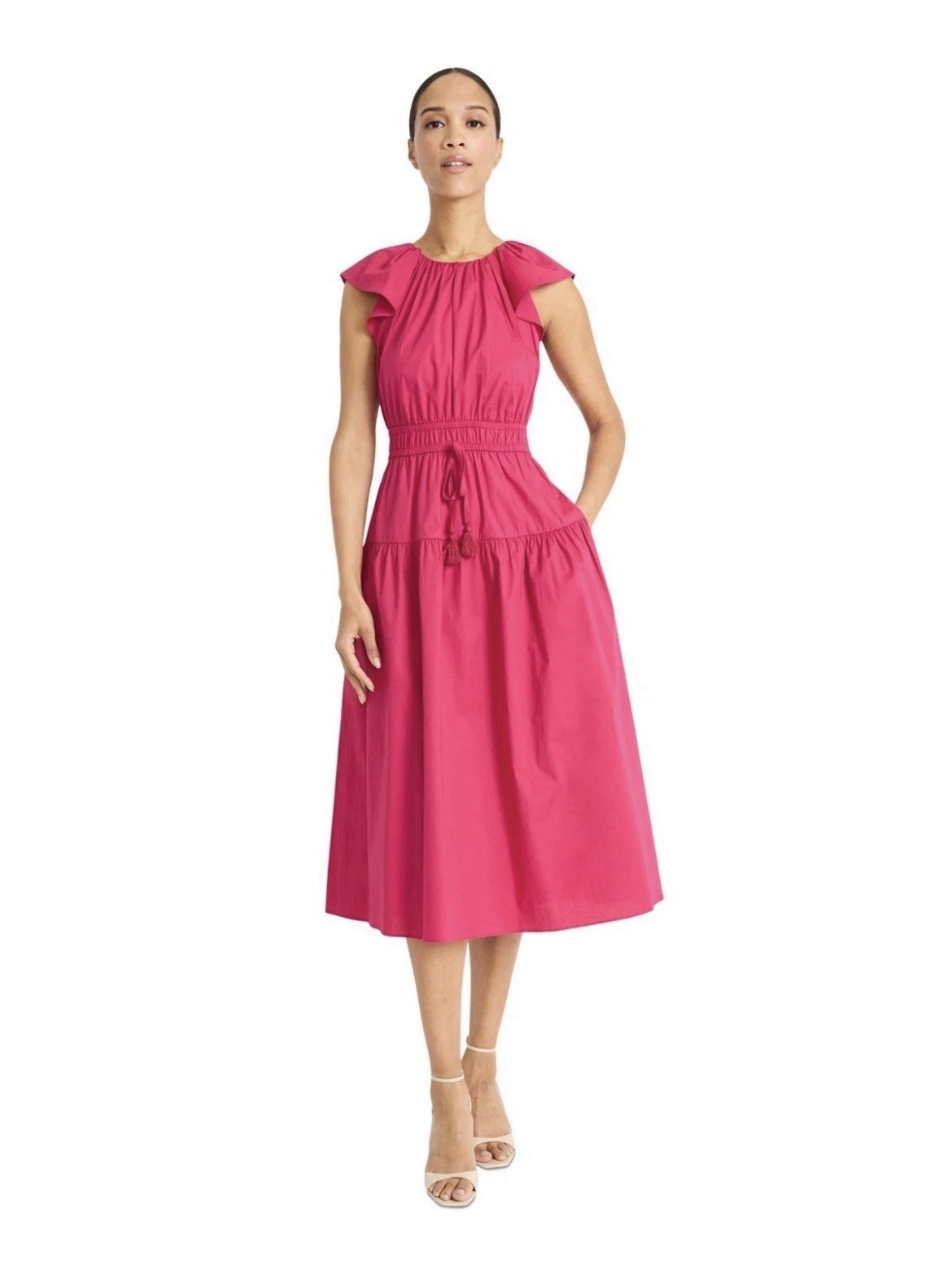Maggy London Round-Neck Tie-Waist Midi Dress Womens 14Vivacious Berry Sleeveless