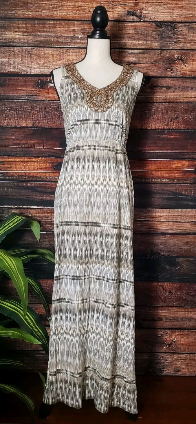 Sonoma Dress Size Small Maxi Beaded Tribal V-Neck Sleeveless Boho Side Slits