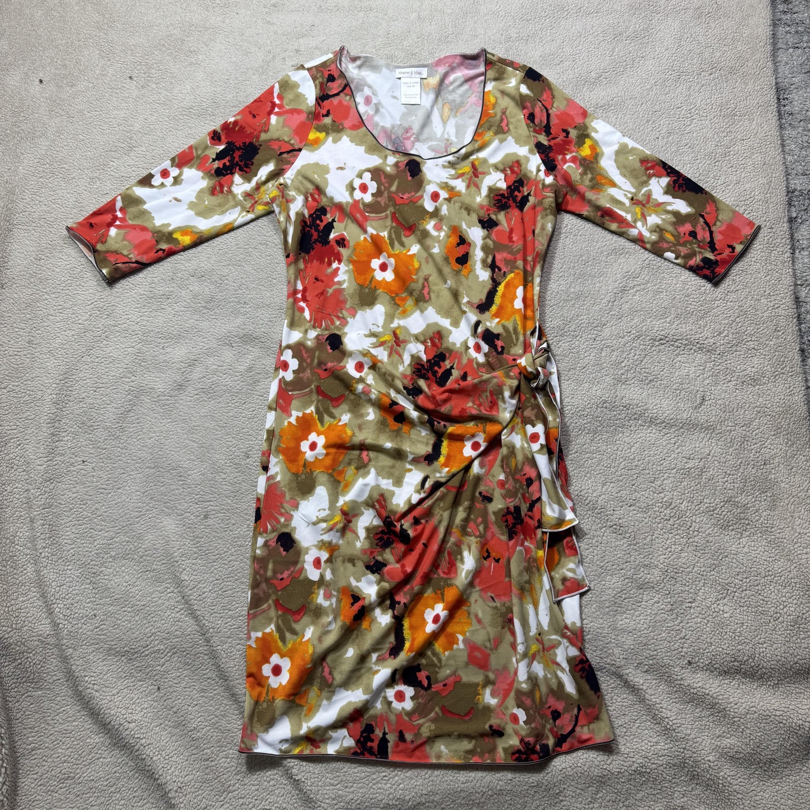 Monroe & Main Dress Womens Medium Multi Floral Faux Wrap Side Tie 3/4 Sleeve