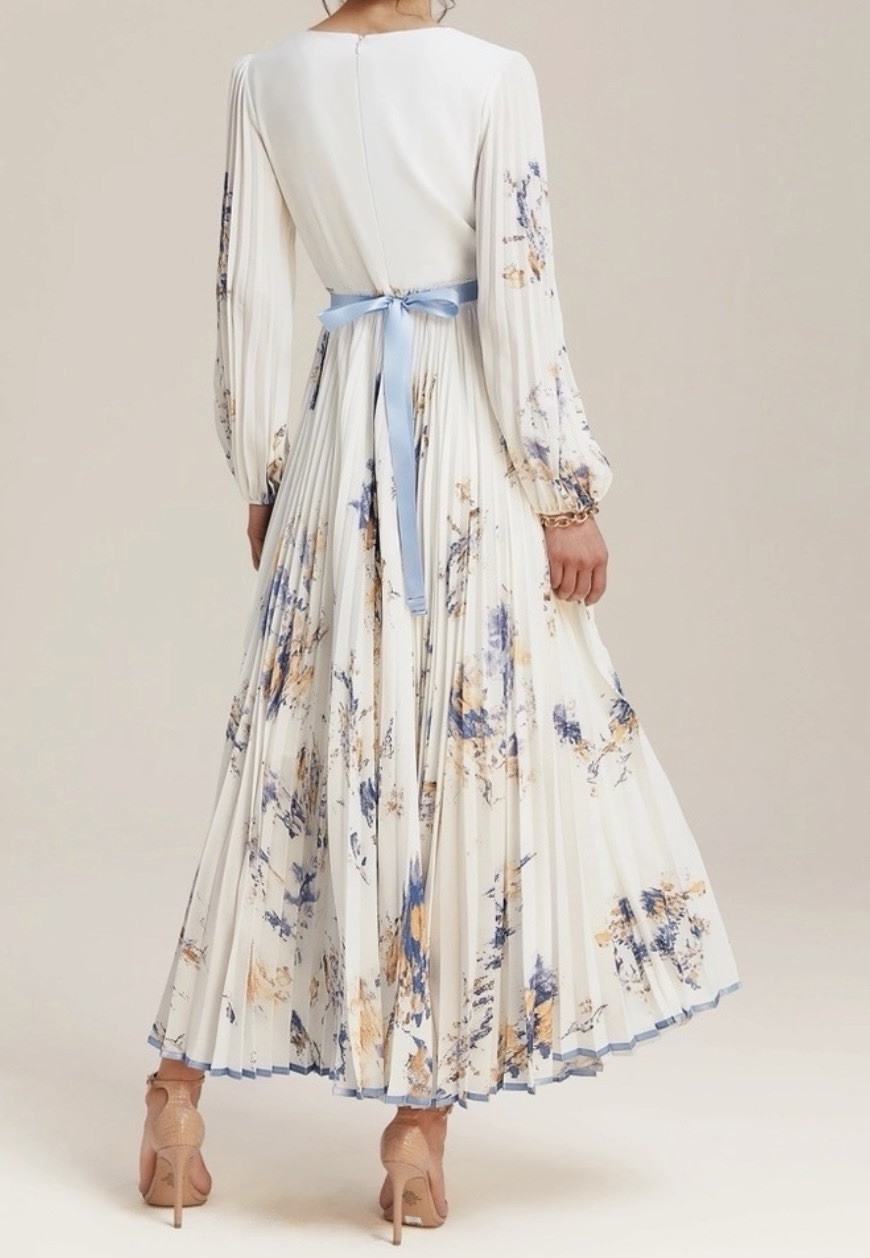 Fehaute V-Neck Long Sleeve Painted Dress Wedding Elegant Ankle Length Size 6