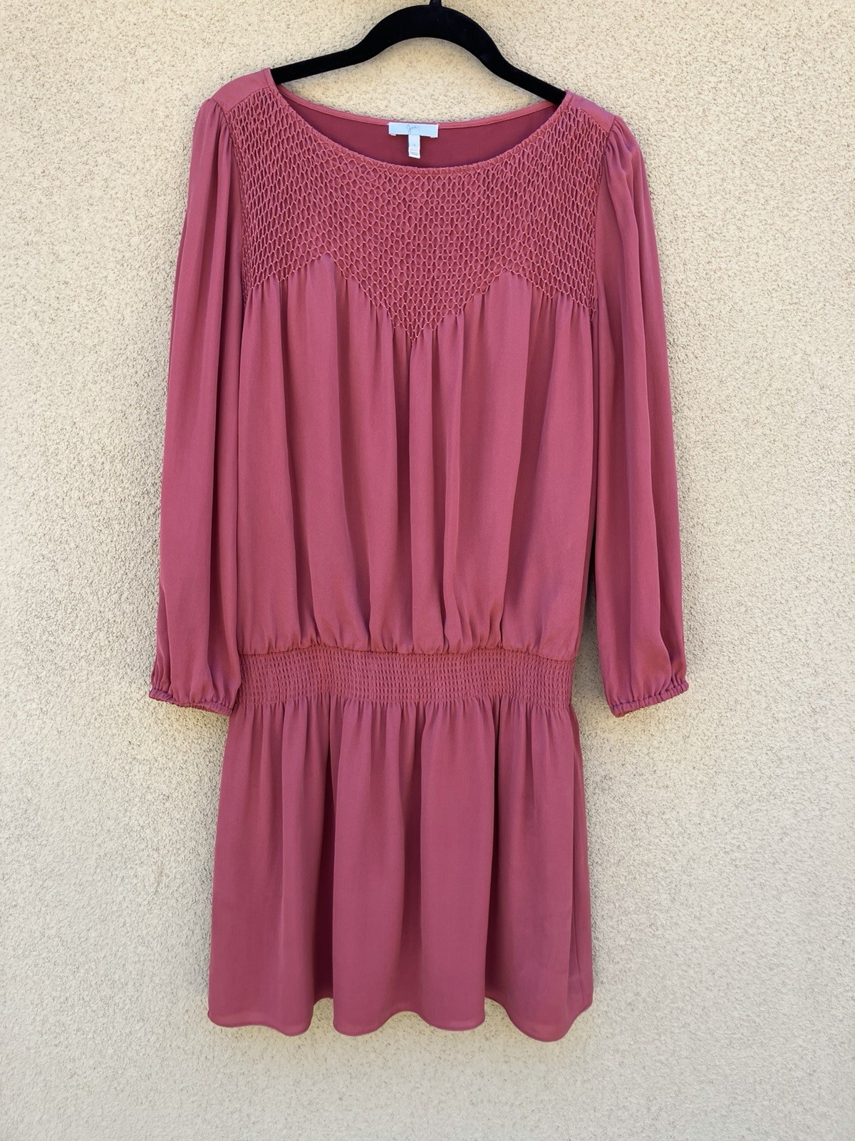 Joie Brick Red Solid Silk Chiffon Drop Waist Mini Dress Smocked Long Sleeve
