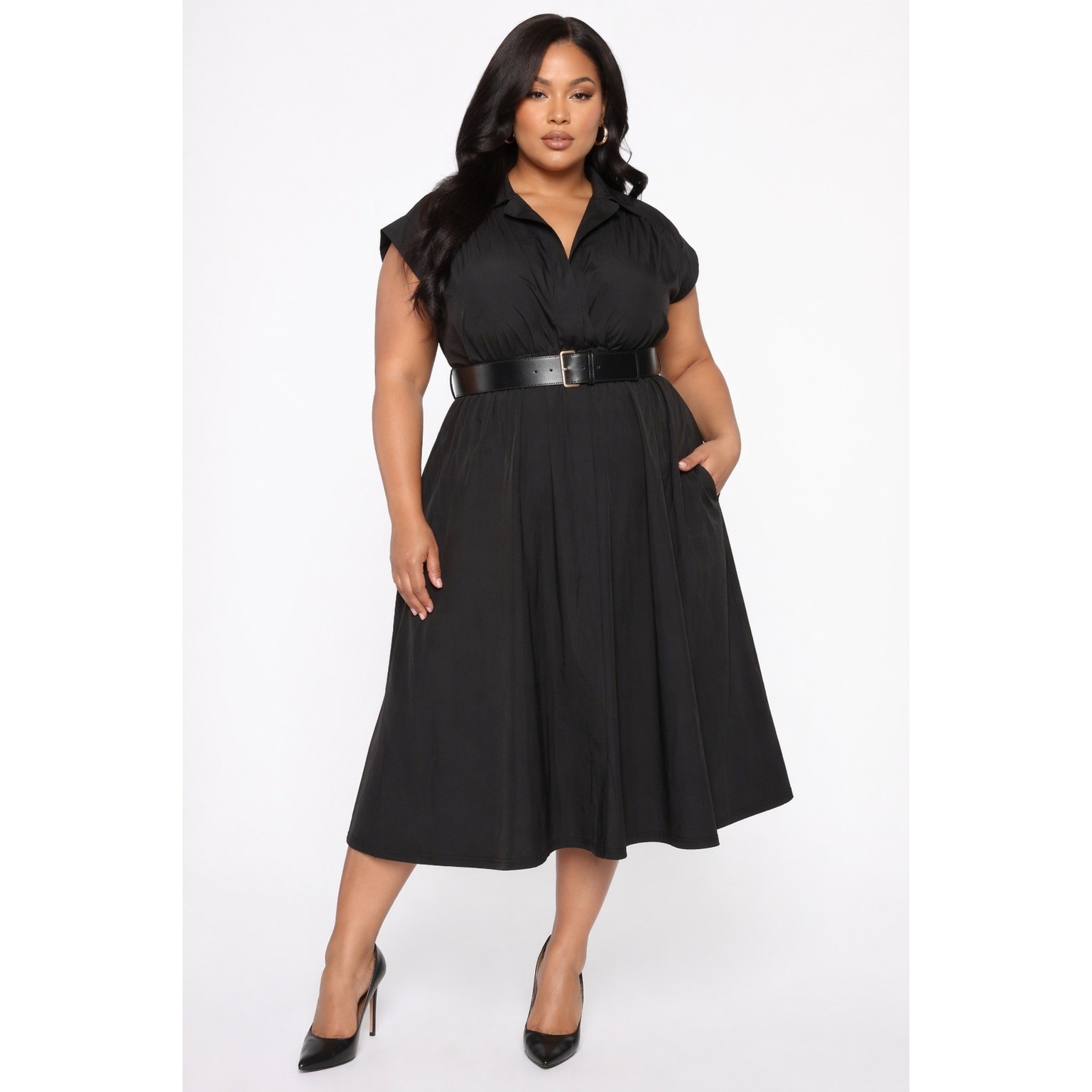Calvin Klein Black Belted Midi Shirt Dress Womens Size 14 NWT