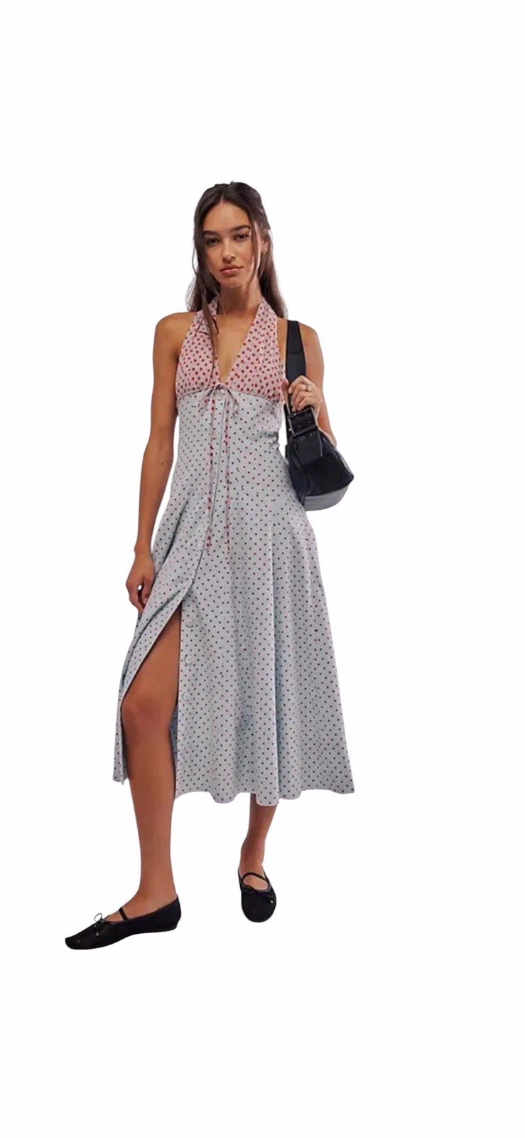 Free People StellaDonna Midi Maxi Dress Halter Polka Dot Powder Blue Combo M