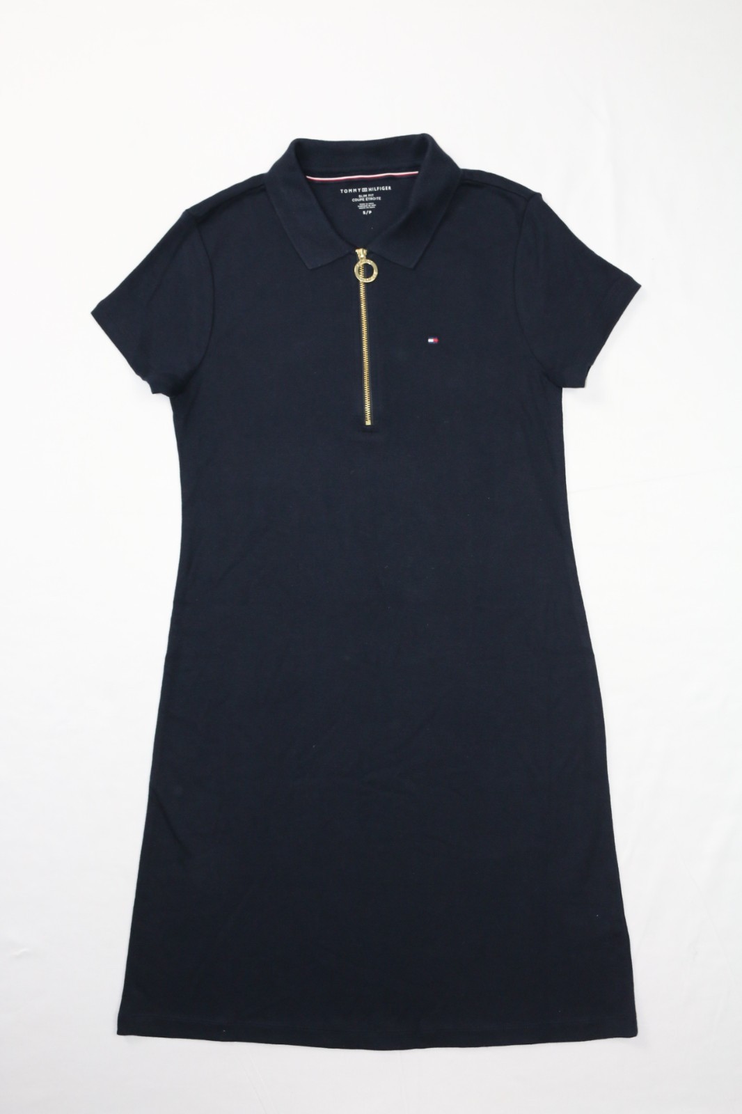 Tommy Hilfiger Navy Knit 1/4 Zip Polo Dress Short Sleeve Embroidered Flag Slim