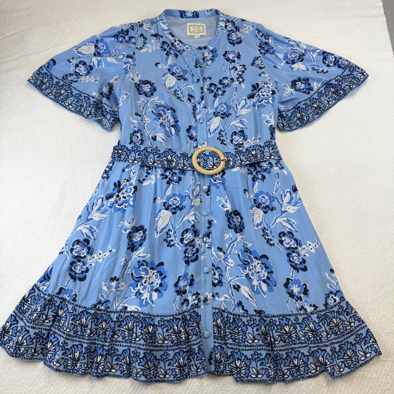 STS Blue Floral Midi Dress Button Front Flutter Sleeve Wood Buckle Belt XL
