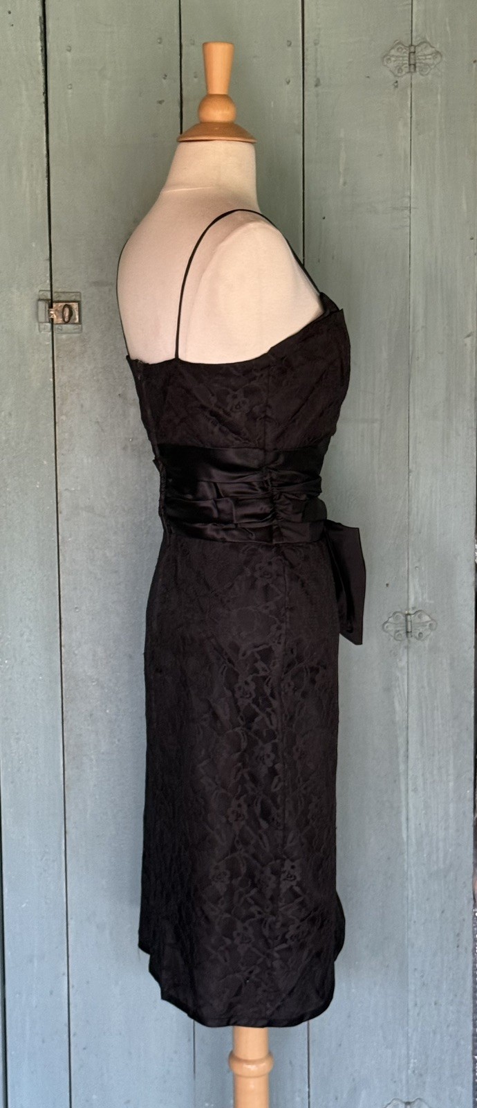 LBD Straps Sweetheart Lace Overlay Wrap Ruched Black Dress Bow Sash S+