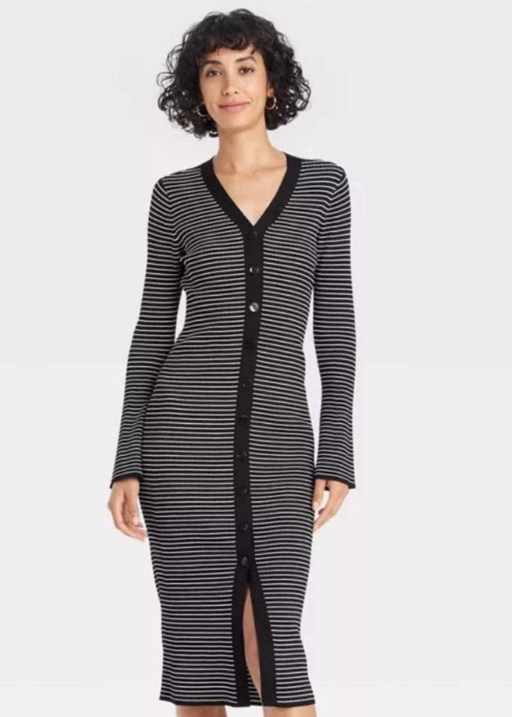 A New Day Black White Striped V-Neck Button Front Midi Sweater Dress Womens XL