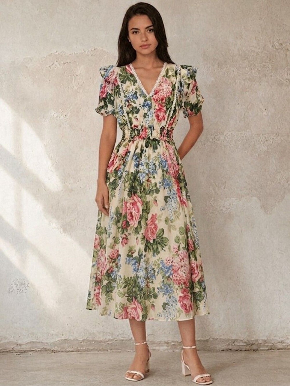 Cream Floral V-Neck Midi Dress with Pink & Green Accents