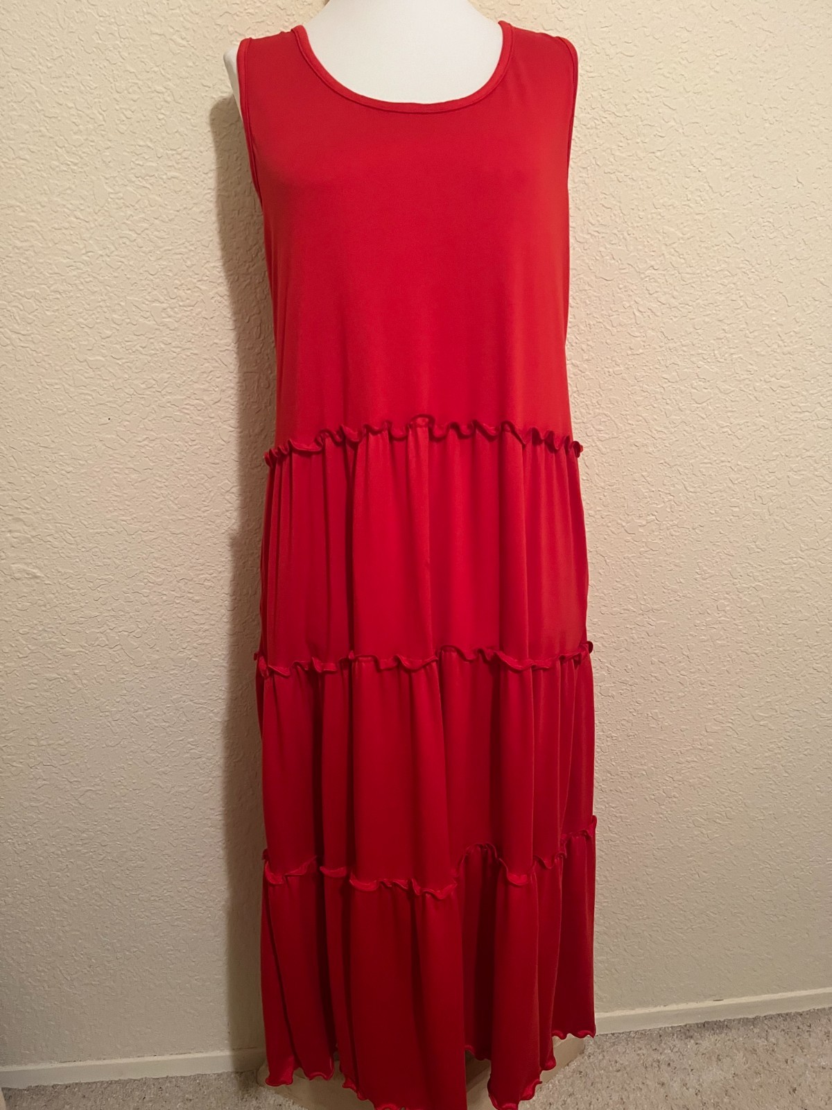 White Mark L Red Sleeveless Round Neck Poly Spandex Lettuce Hem Tiered Dress