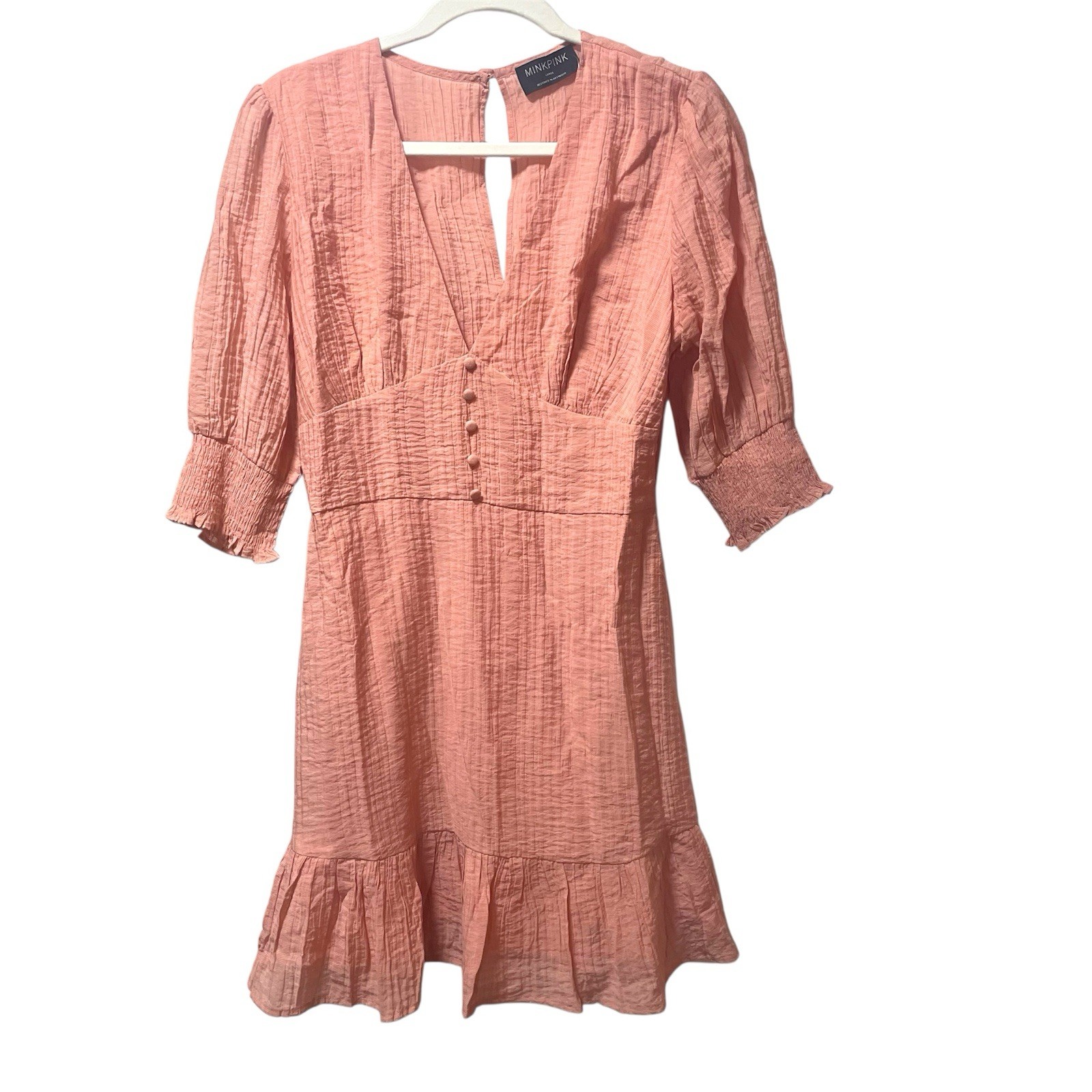 Minkpink Womens Dusty Rose Pink Textured V-Neck Ruffle Mini Dress Large