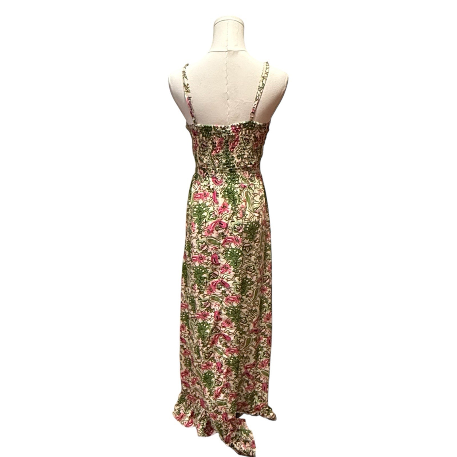 Shore Drive Womens Size Large Boho Floral Hi Low Green Pink Maxi Dress Festival