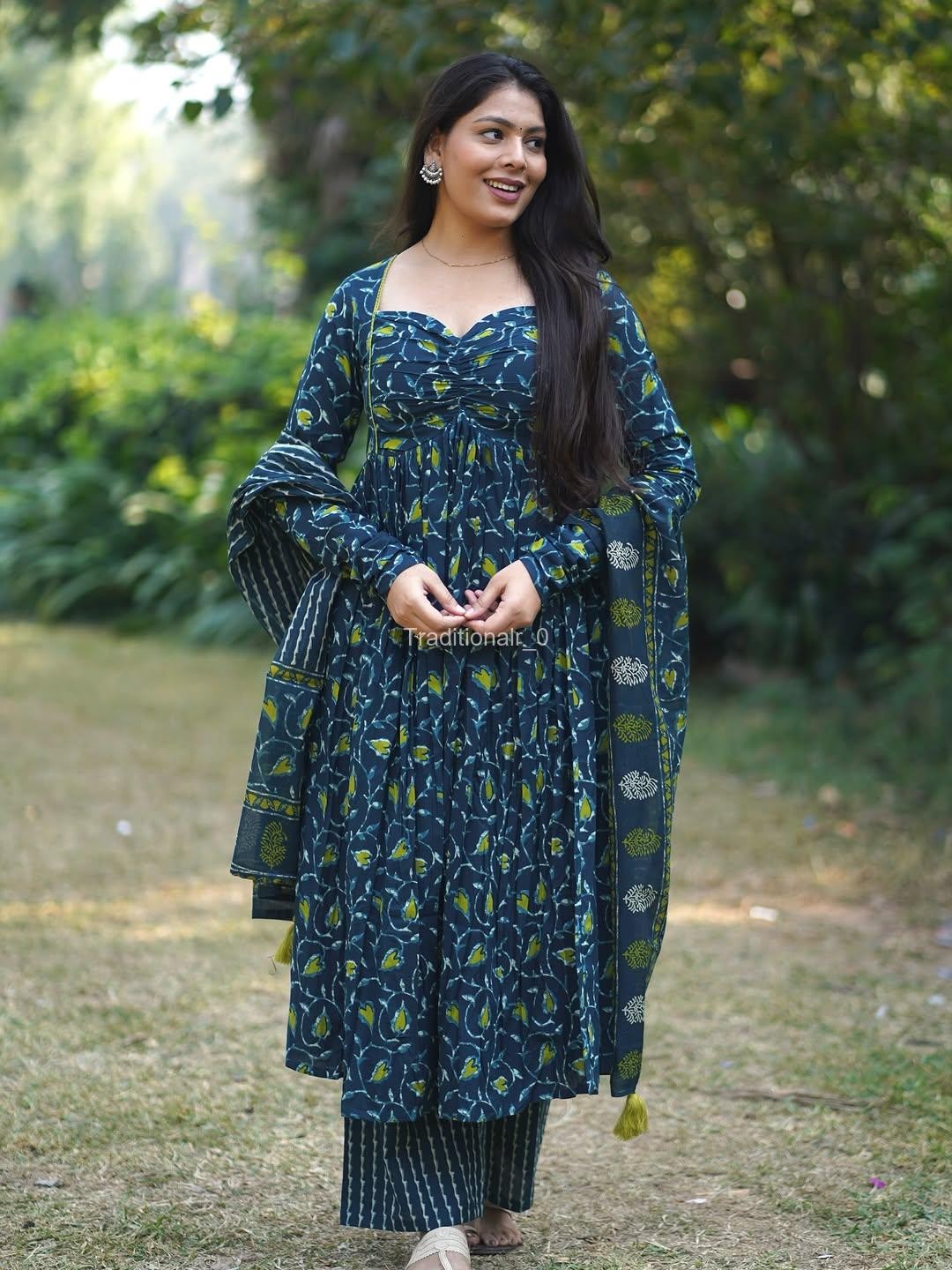 Elegant Teal Blue Floral Printed Cotton Anarkali Suit Set with Striped Pants