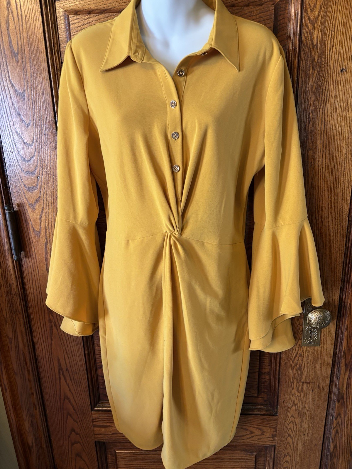 LAUNDRY by Shelli Segal L.A. Gold Huge Bell Sleeve Gathered Front DRESS, Size 10