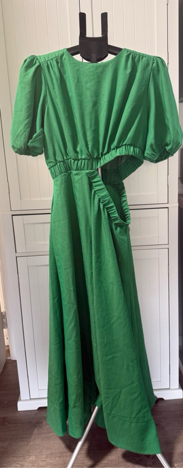 Green Puff Sleeve Elastic Waist Cut Out Long Dress