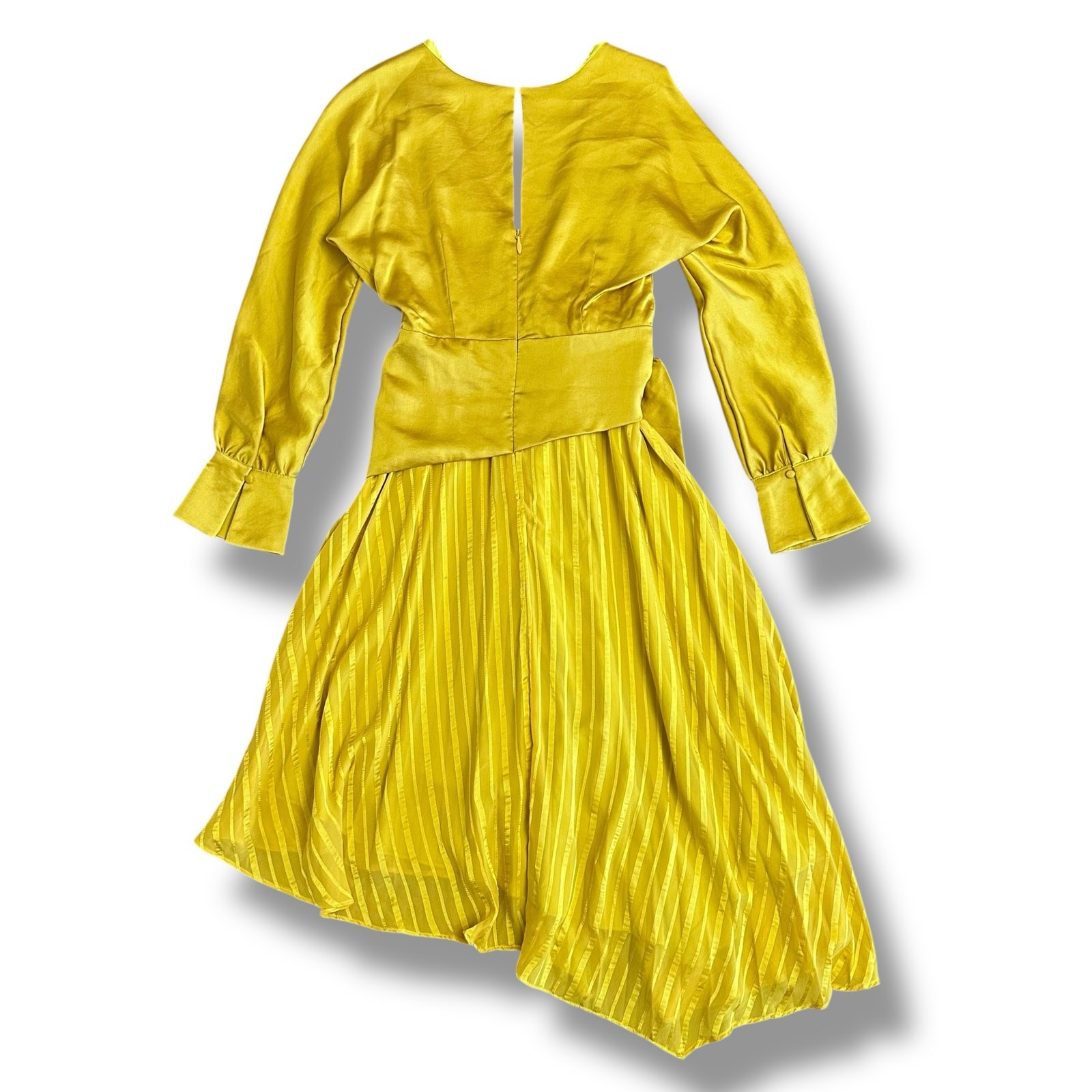 Chartreuse Pleated Wrap Dress Long Sleeve Asym Hem Midi Yellow Women