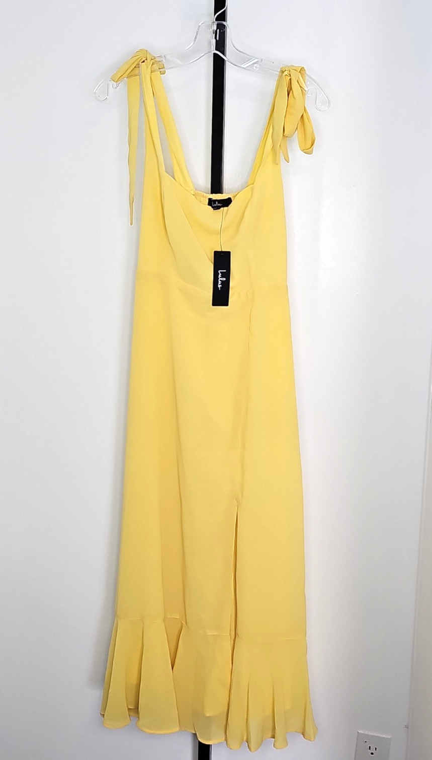 NWT Lulus Summer Invite Yellow Tie Strap Tiered Midi Dress Women’s Small sundres