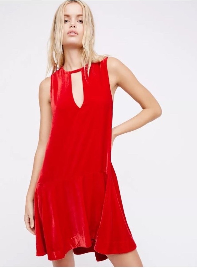 NEW XS $168 Free People Cherry Red Soft Focus Velvet Dress Flared Drop Waist