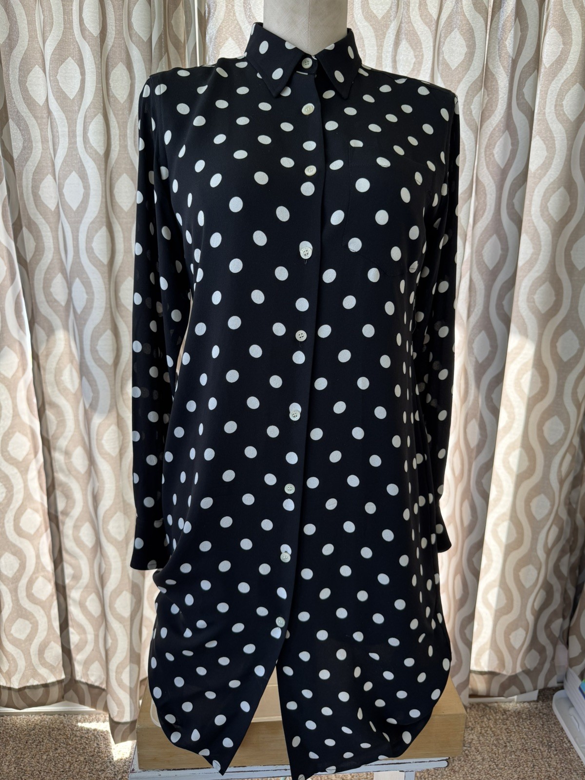 LAUREN by Ralph Lauren Size 6 Black & White Polka Dot Shirt Dress Classic Silk